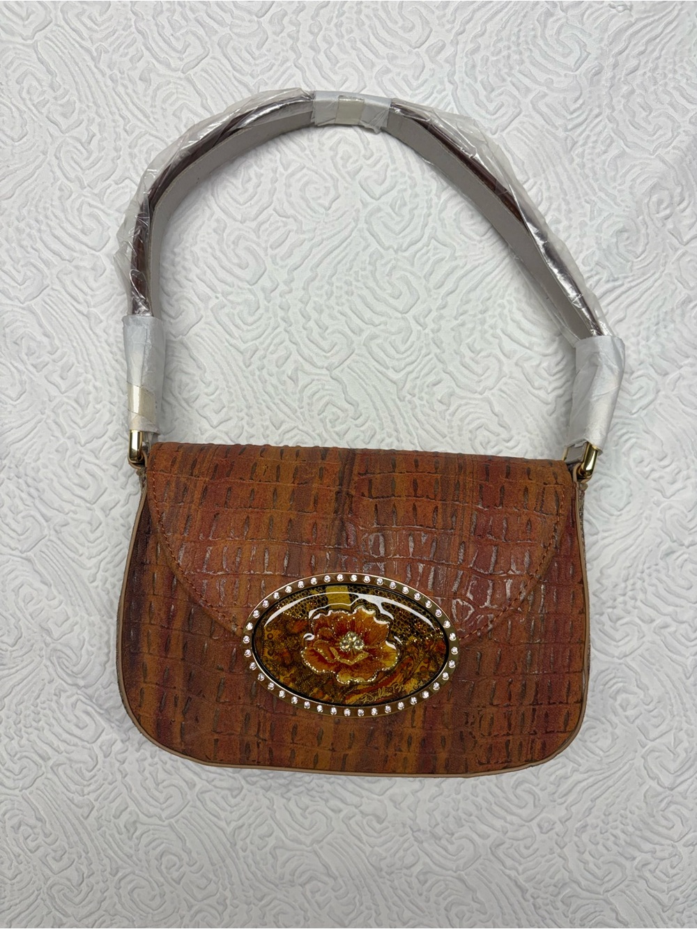 Brown Croc-Embossed Shoulder Bag with Floral Medallion Accent
